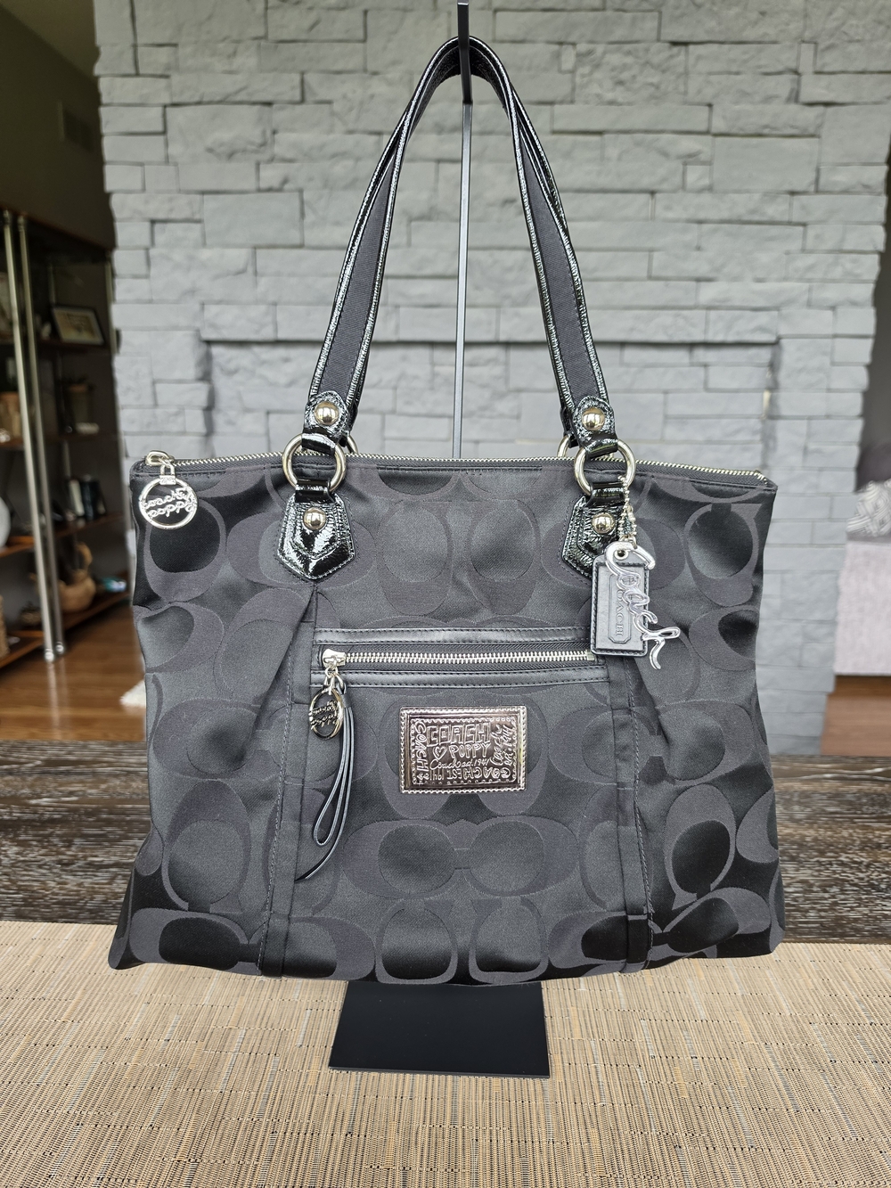 Coach Poppy Black Signature Jacquard Tote Bag with Leather Trim